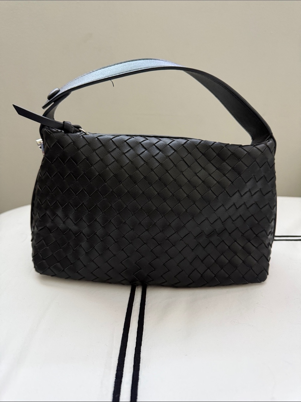 Woven Leather Mini Shoulder Bag in Black